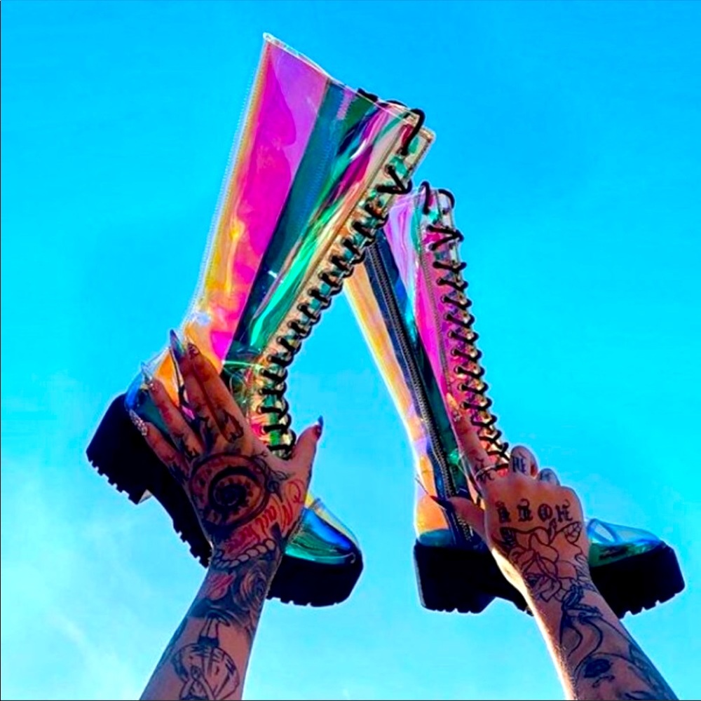 Dolls Kill Holographic Lace-Up Boots